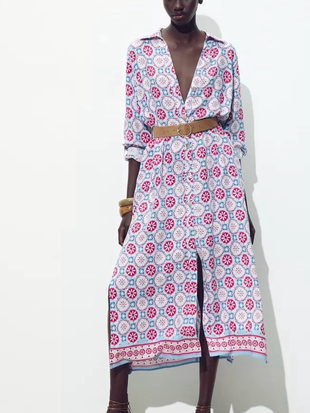 Zara Printed Belted Midi Dress Size Large